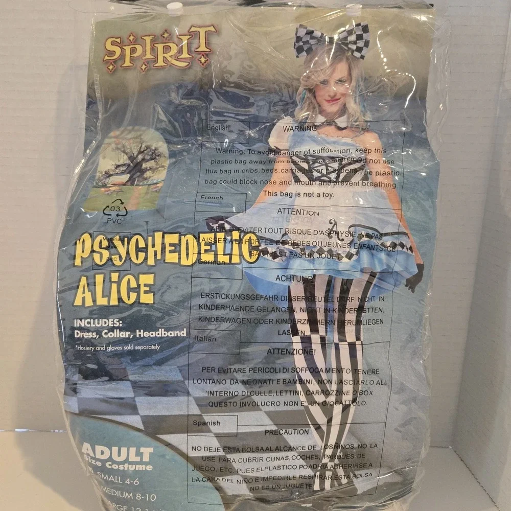 Spirit Halloween Psychedelic Alice Costume Size Small 4-6 EUC Dress Collar Bow - Picture 2 of 4